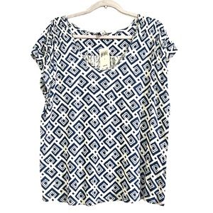 NWT Lucky Brand Blouse short sleeve blue diamond geometrical size Large
